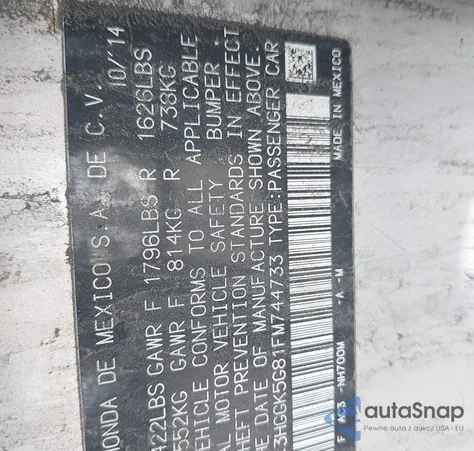 2015 Honda Fit Ex из США, поврежденный, VIN 3HGGK5G81FM744733